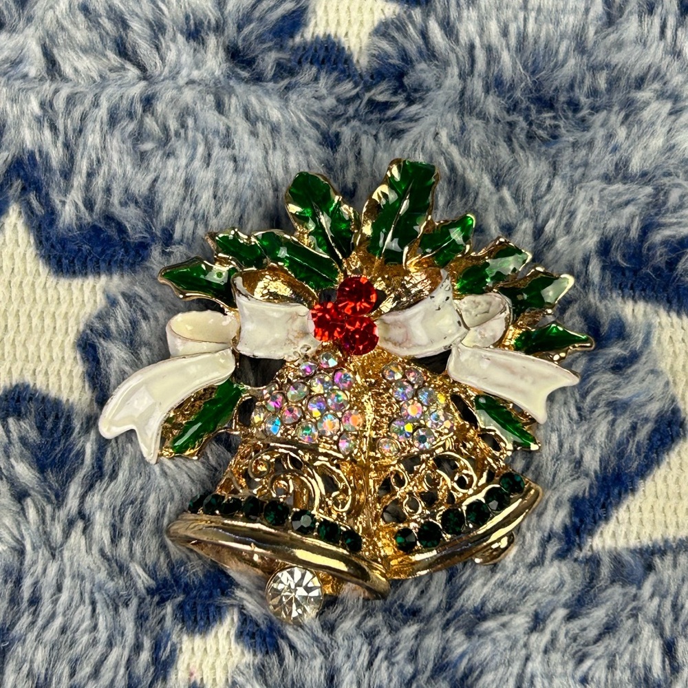 Festive Gold and Green Christmas Bells Brooch
